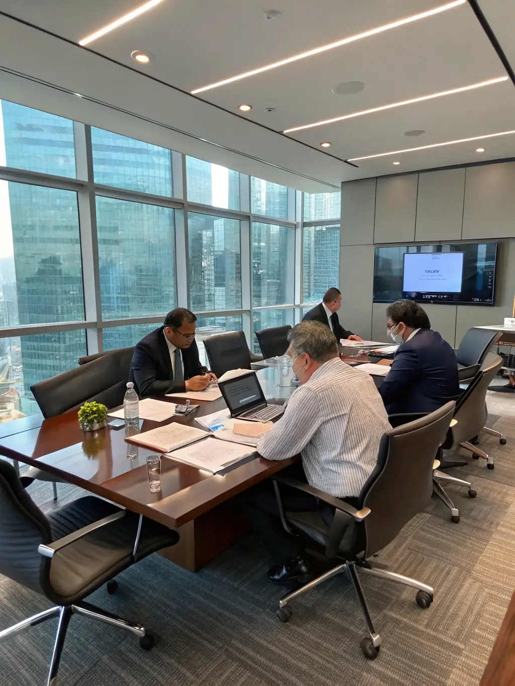A professional image of a corporate boardroom with executives in discussion, symbolizing corporate governance, used to represent Lexum House of Law's Corporate Legal Advisory service.