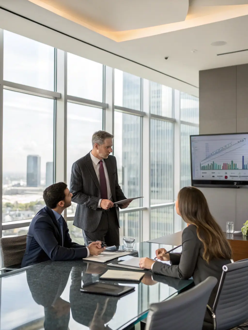 A minimalist, clean image of a corporate boardroom with a large window overlooking a modern city skyline, symbolizing Lexum House of Law's corporate legal advisory services for multinational corporations.