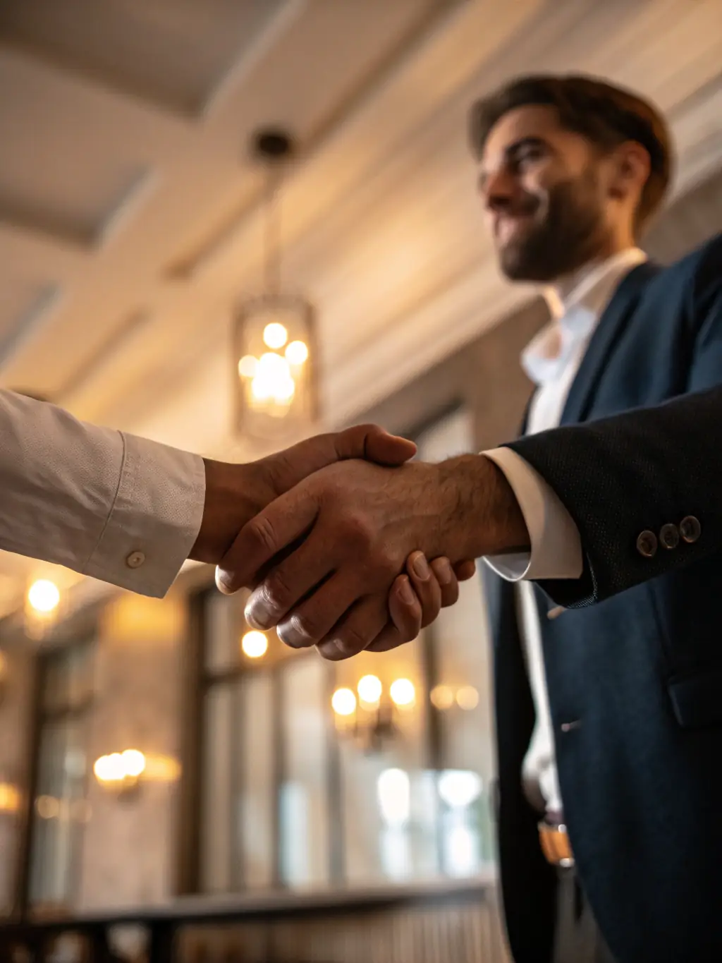 A stylized image of two hands shaking across a world map, symbolizing international transactions and the facilitation of cross-border deals with legal security and strategic guidance from Lexum House of Law.